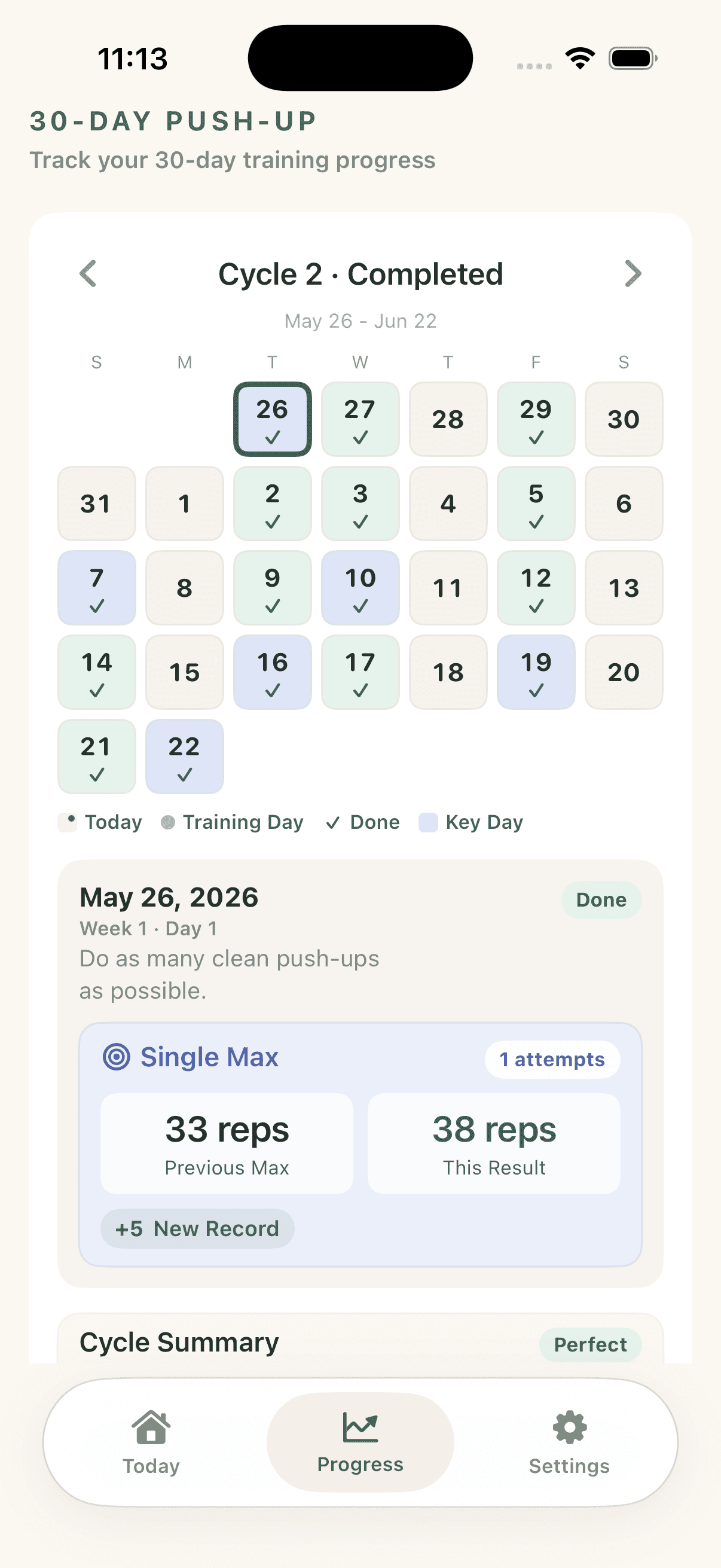 30-Day Push-up Plan History screen