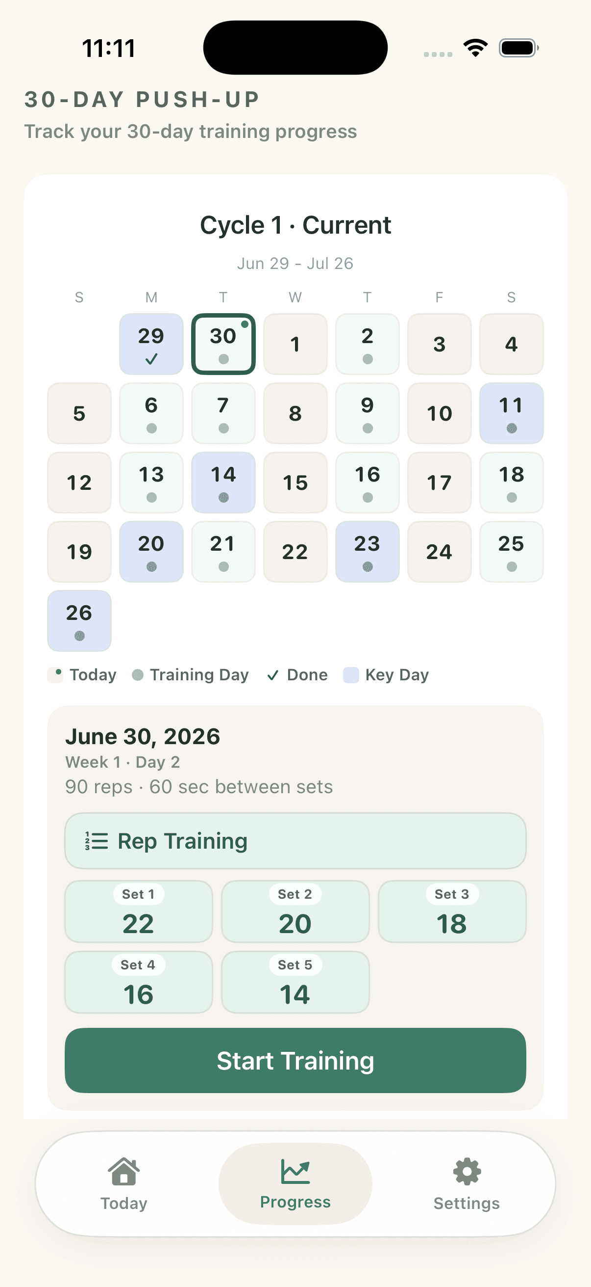30-Day Push-up Plan Progress screen