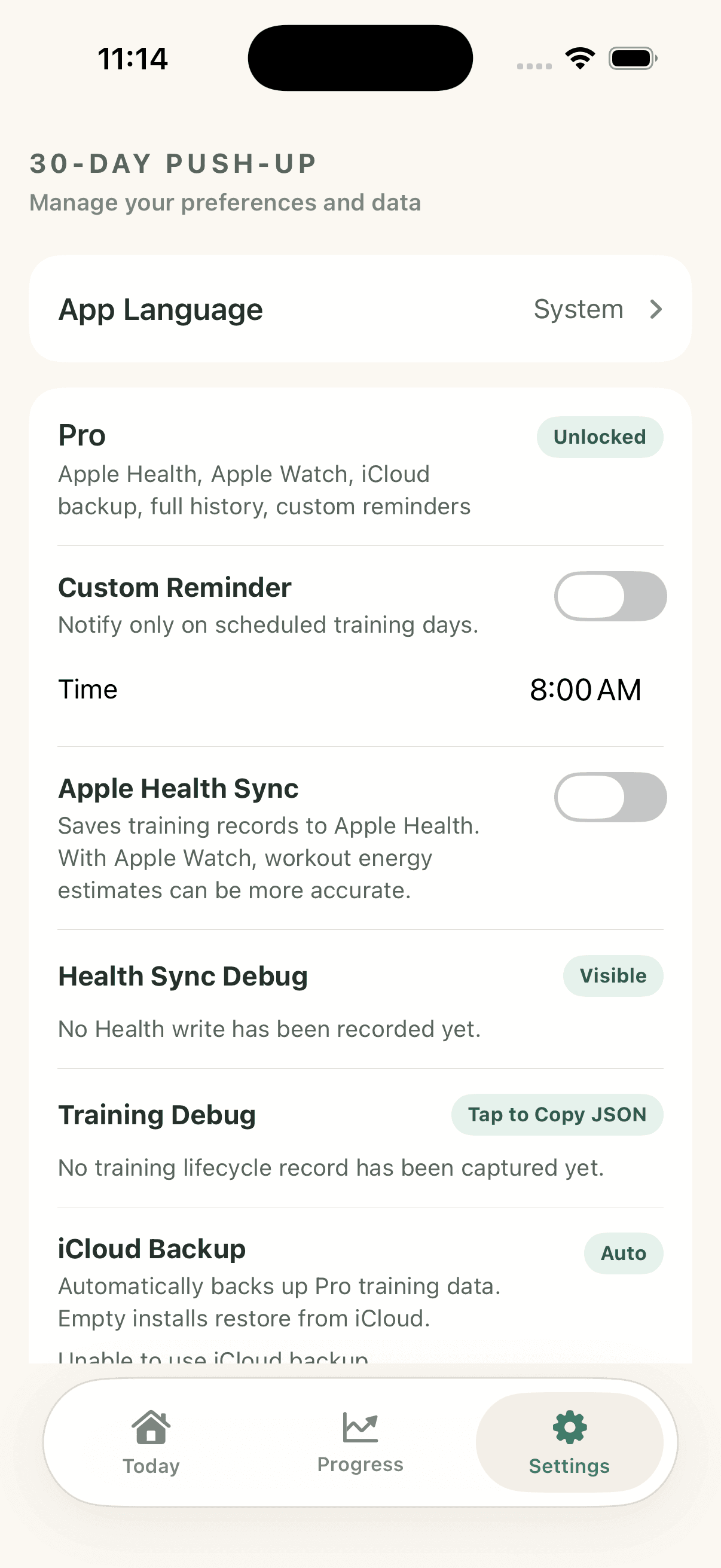 30-Day Push-up Plan Settings screen